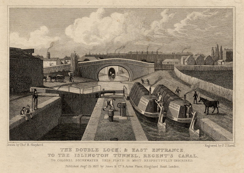 afbeelding van prent The double lock, & east entrance to the Islington tunnel, Regent´s canal van F.J. Havell, T.H. Shepherd (Londen, London)