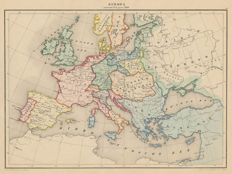 afbeelding van kaart Europa omtrent het jaar 1810 van De Erven Thierry en Mensing