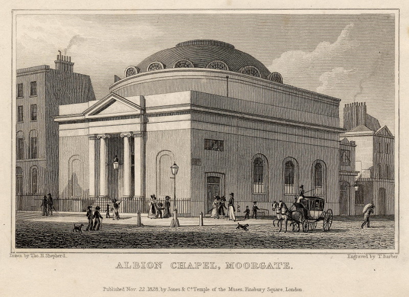 afbeelding van prent Albion Chapel, Moorgate van T. Barber, T.H. Shepherd (Londen, London)