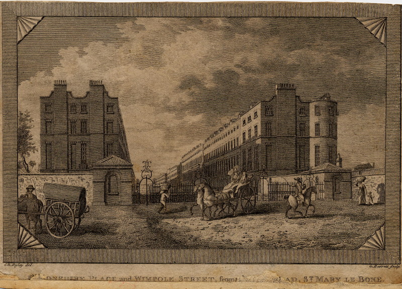 afbeelding van prent Devonshire Place and WImpole Street, from the New Road, St Mary le Bone van G. Barrett, C.R. Ryley (Londen, London)