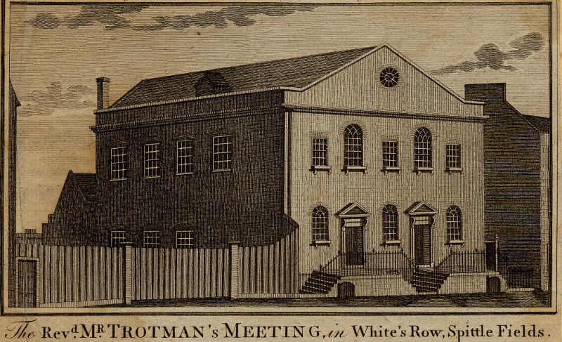 afbeelding van prent The Revd. Mr. Trotman´s Meeting, in White´s Row, Spittle Fields van nn (Londen, London)