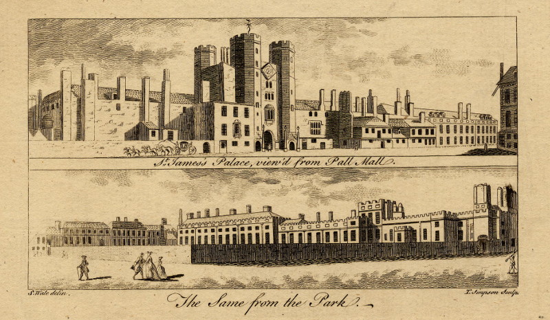afbeelding van prent St. James´s Palace, view´d from Pall Mall. The same from the Park. van T. SImpson, S. Wale (Londen, London)