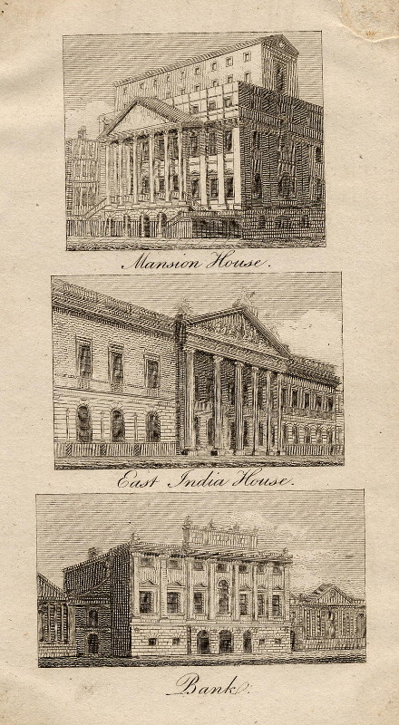 afbeelding van prent Mansion House, East India House, Bank van nn (Londen, London)