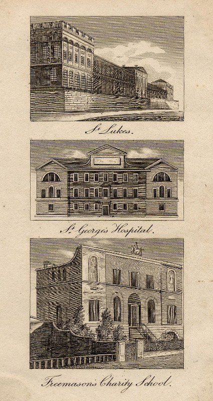 afbeelding van prent St. Lukes, St. George´s Hospital, Freemason´s Charity School van nn (Londen, London)