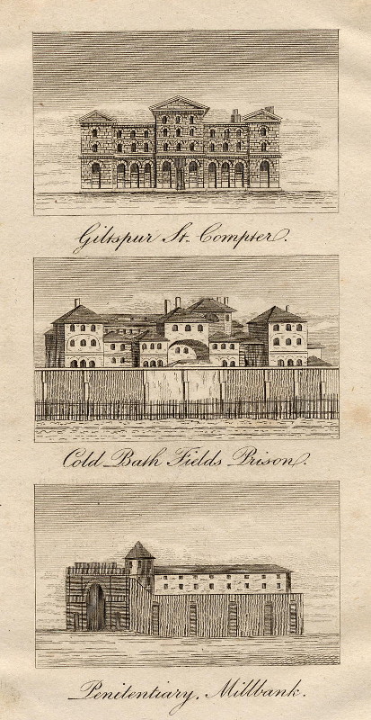 afbeelding van prent Giltspur St. Compter, Cold Bath Fields prison, Penitentiary, Millbank van nn (Londen, London)