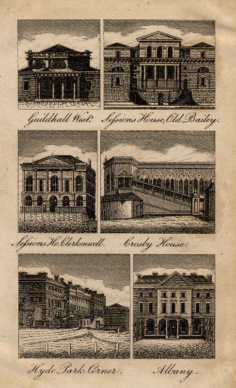 afbeelding van prent Guildhall West, Sessions House, Old Bailey, Sessions Ho. Clerkenwell, Crosby House, Hyde Park Corner van nn (Londen, London)