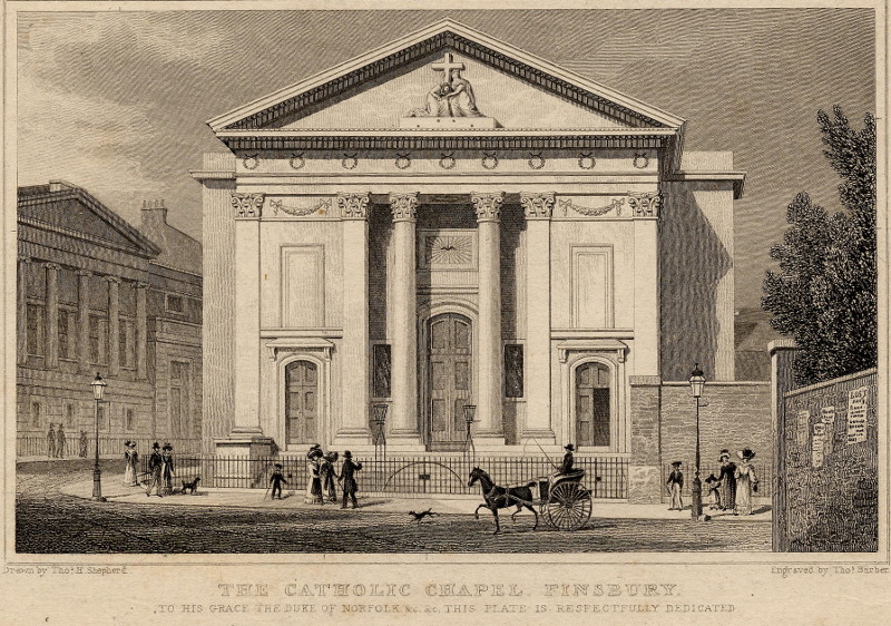 afbeelding van prent The Catholic Chapel, Finsbury. van T. Barber, T.H. Shepherd (Londen, London)