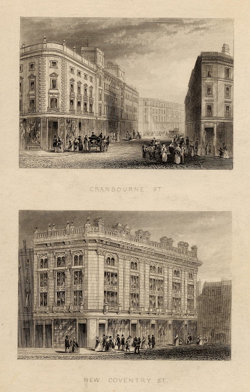 afbeelding van prent Cranbourne st.  New Coventry St. van nn (Londen, London)