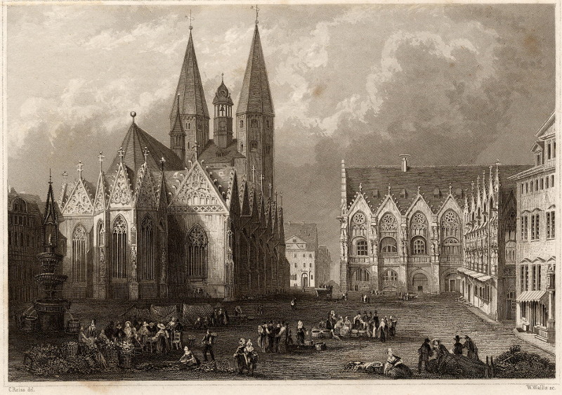 afbeelding van prent Braunschweig Der Altstadtmarkt mit de Martinikirche van C. Reiss, W. Wallis (Braunschweig)