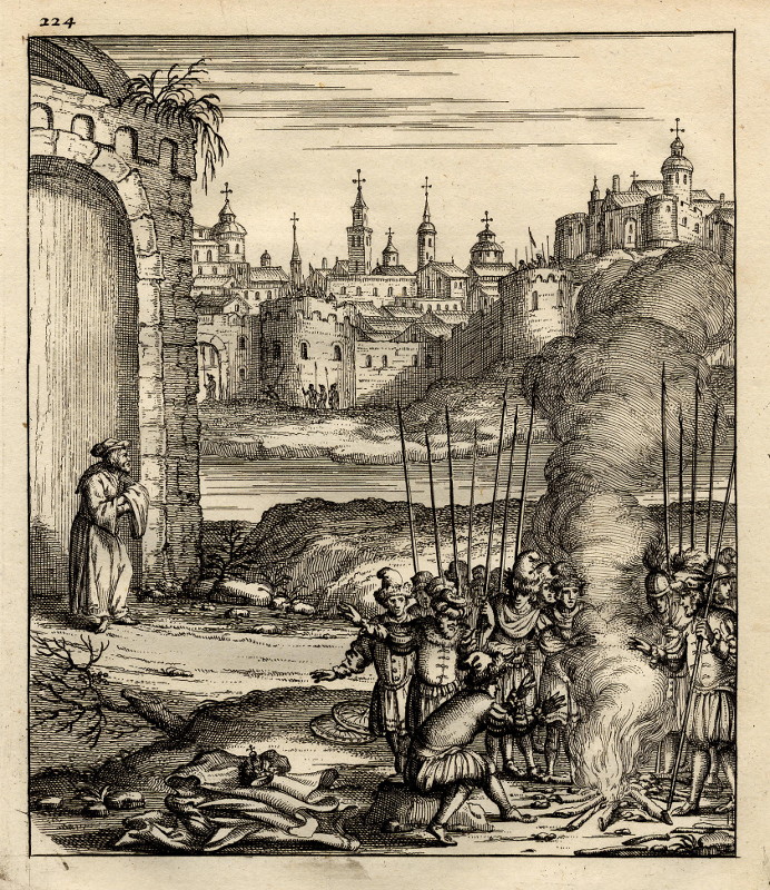 afbeelding van prent Groep soldaten rond een vuur, Italiaanse stad in de achtergrond van nn, mogelijk Thomas Doesburgh of Jan Luyken