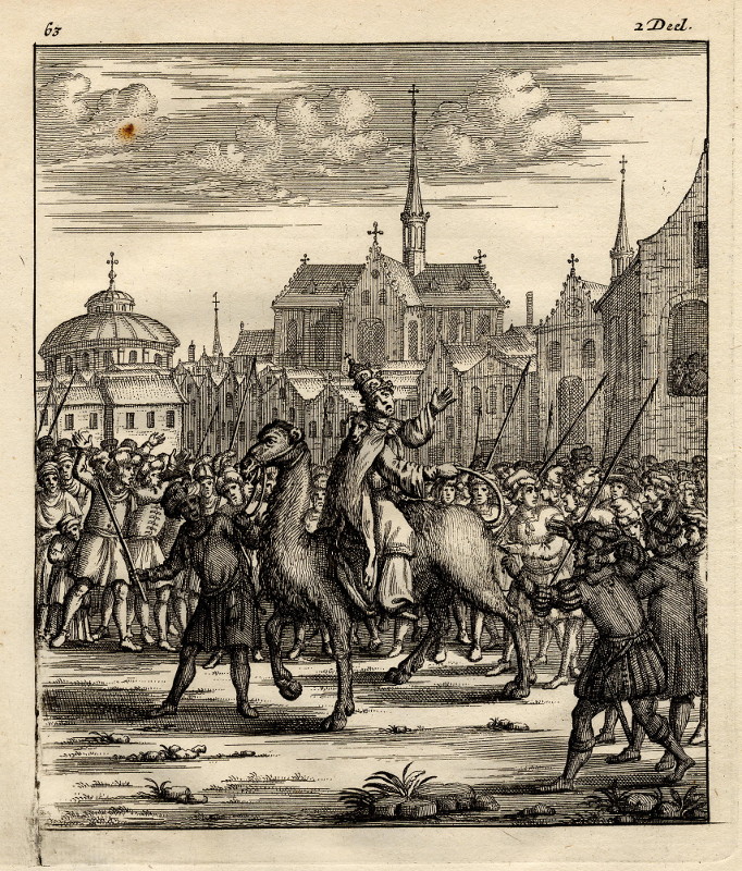afbeelding van prent Een priester op een dromedaris wordt door de stad gevoerd van nn, mogelijk Thomas Doesburgh of Jan Luyken