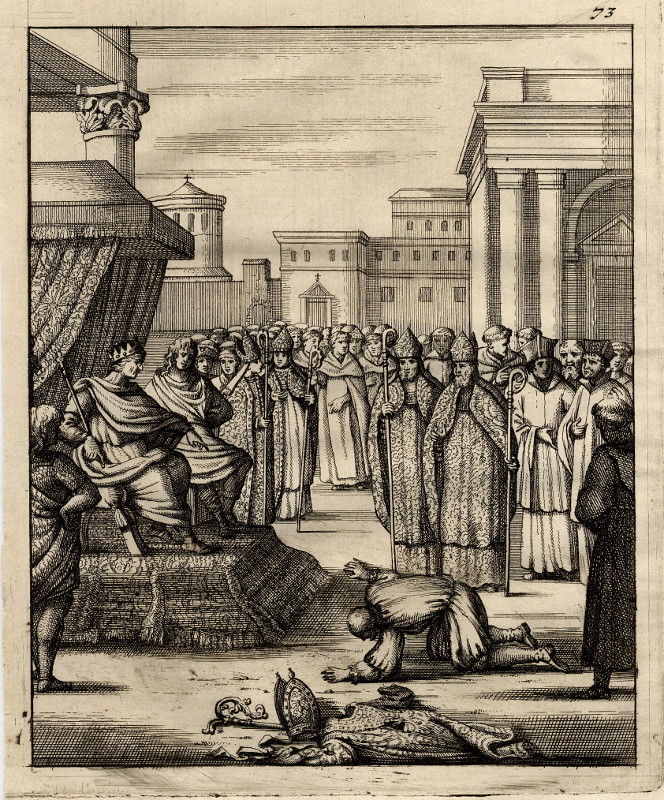 afbeelding van prent Man knielt voor een troon van nn, mogelijk Thomas Doesburgh of Jan Luyken