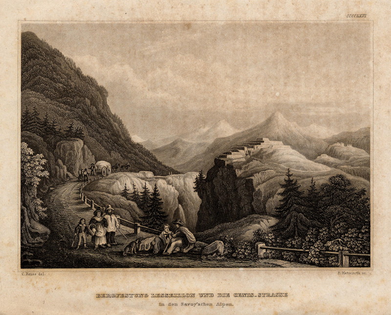 afbeelding van prent Bergfestung Lesseillon und die Cenis-Strasse  van B. Metzeroth, C. Reiss (Col du Mont Cenis)