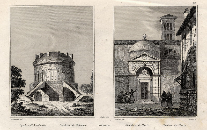 afbeelding van prent Sepoloro di Teodorico, Tombeau de Théodoric, Ravenna, Sepoloro di Dante, Tombeau du Dante van Lenormand, Audot, Bouchet, Durau (Ravenna)