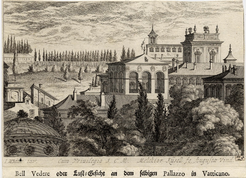 afbeelding van prent Bell Vedere oder Luft Gesicht an dem selbigen Pallazzo in Vatticano van Melchior Küsell, J.W. Baur (Vaticaanstad, Vaticaan, Vatican)