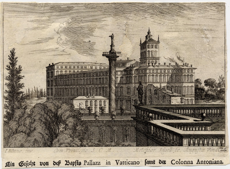 afbeelding van prent Ein Gesicht von der Papsts Pallazz in Vatticano samt der Colonna Antoniana van Melchior Küsell, J.W. Baur (Vaticaanstad, Vaticaan, Vatican)