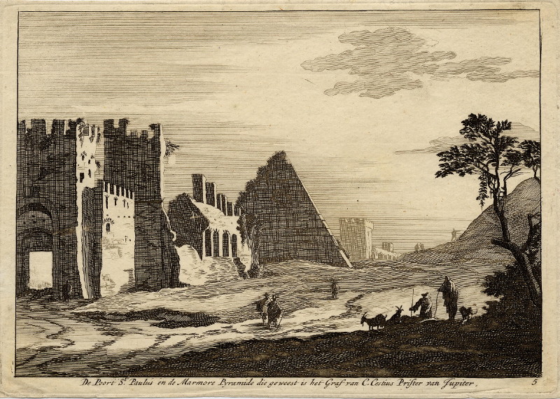 afbeelding van prent De Poort St. Paulus en de Marmore Pyramide die geweest is het Graf van C. Cestius Prister van Jupite van nn (Rome)