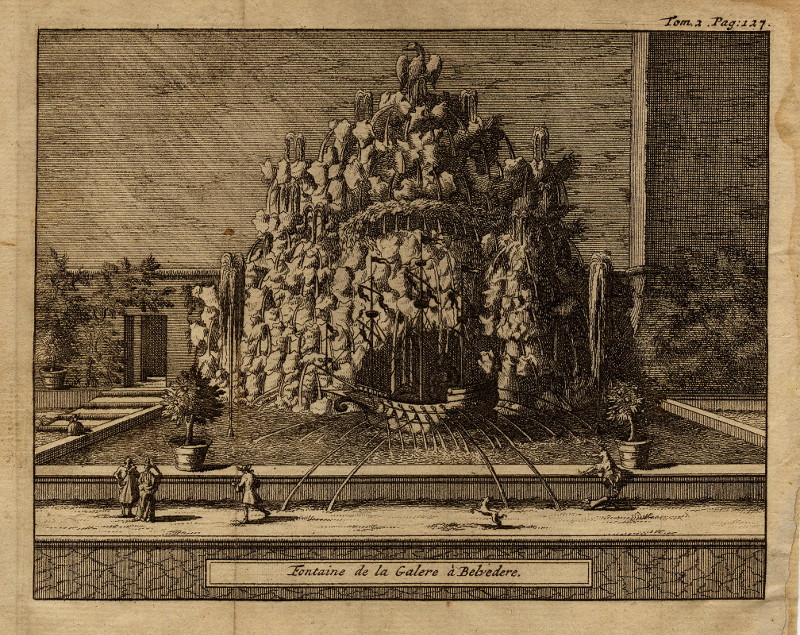 afbeelding van prent Fontaine de la Galere à Belvedere van Pieter van der Aa (Vaticaanstad, Vaticaan, Vatican)
