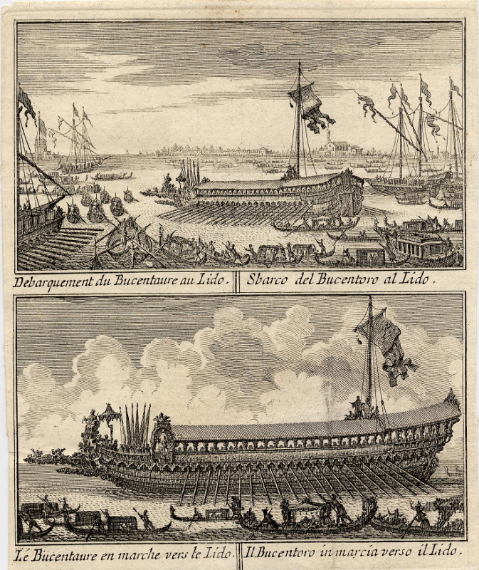 afbeelding van prent Debarquement du Bucentaure au Lido. Le Bucentaure en marche vers le Lido. van Francesco Zucchi (Venetie, Venice)