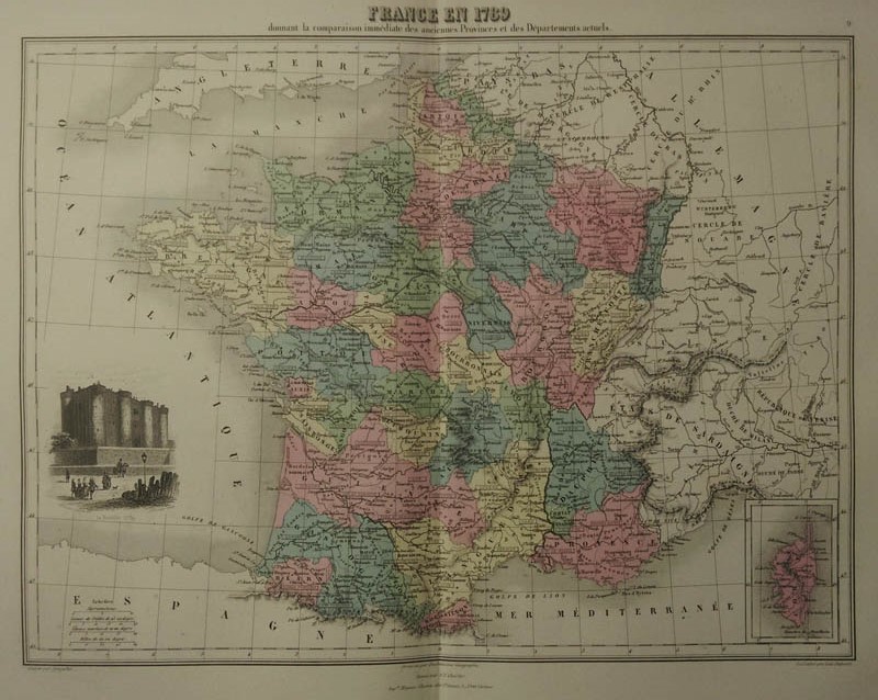 afbeelding van kaart France en 1789, donnant la comparaison des anciennes Provinces et des Départements actuels van Migeon, Sengteller, Desbuissons
