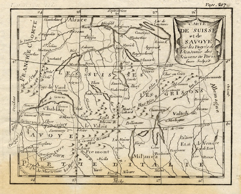 afbeelding van kaart Carte de Suisse et de Savoye, sur les Degrés de l´Académie des Sciences de Paris van Fauré, naar Buffier