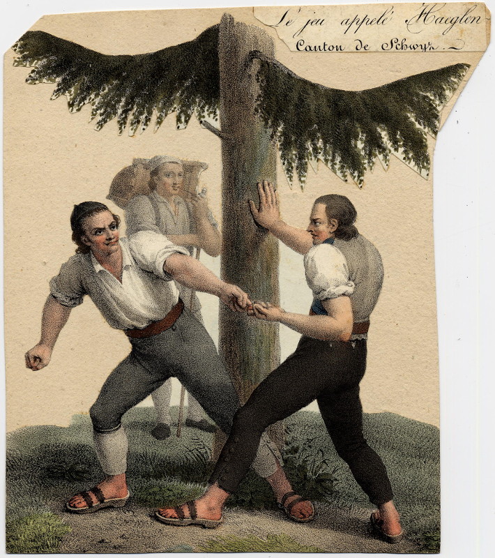 afbeelding van prent Le jeu appelé Haeglen, Canton de Schwyz. van Engelman, Zwinger, naar M. Föhn