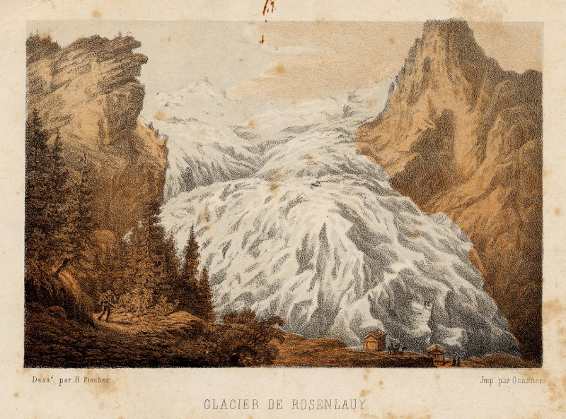afbeelding van prent Glacier de Rosenlauy van H. Fischer, Ochsner (Rosenlaui)