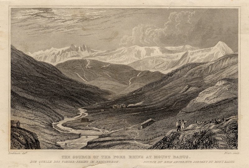 afbeelding van prent The source of the Fore Rhine at Mount Badus van Tombleson, Prior (Rijn)
