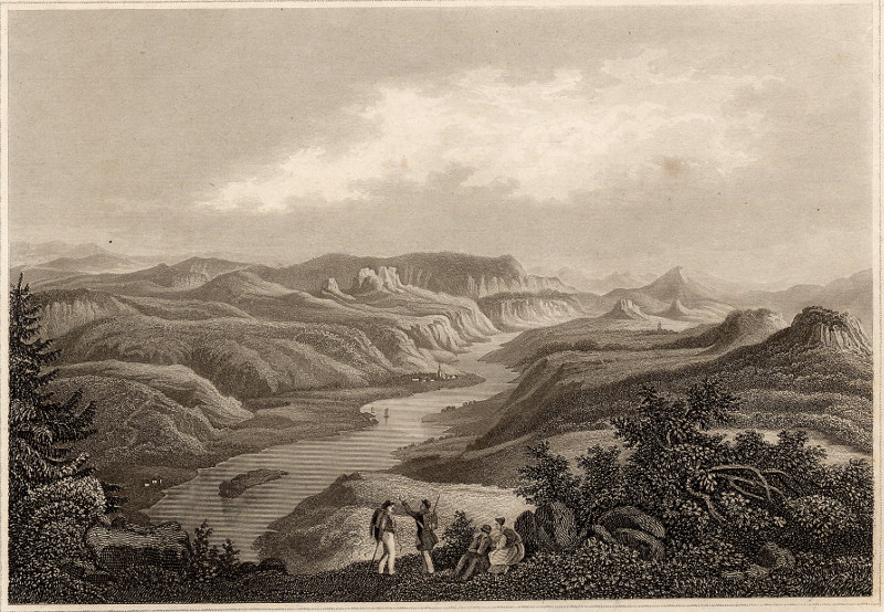 afbeelding van prent Die Elbe gegen Schandau, dem Winterberg und Böhmen, vom Lilienstein aus. van nn (Schandau)