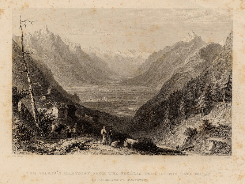 afbeelding van prent The Valais & Martigny from the Forclas, Pass of the Tete Noire van W.H. Bartlett, M.J. Starling (Martigny)