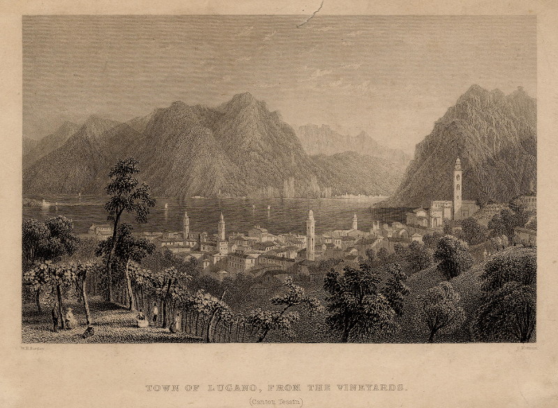 afbeelding van prent Town of Lugano, from the vineyards (Canton Tessin) van W.H. Bartlett, C. Mottram (Lugano)