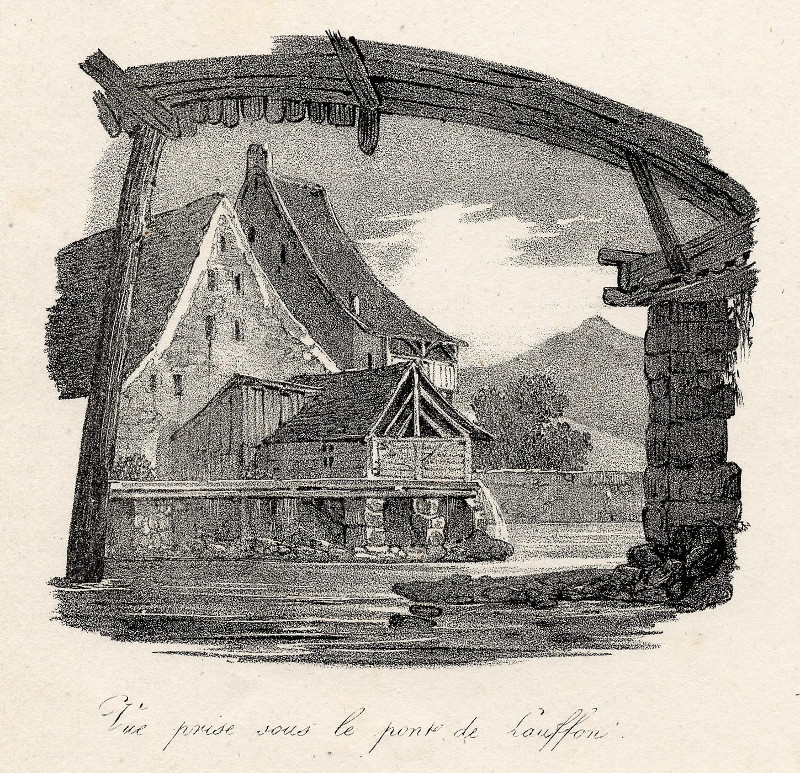 afbeelding van prent Vue prise sous le pont de Lauffon van nn (Laufen)