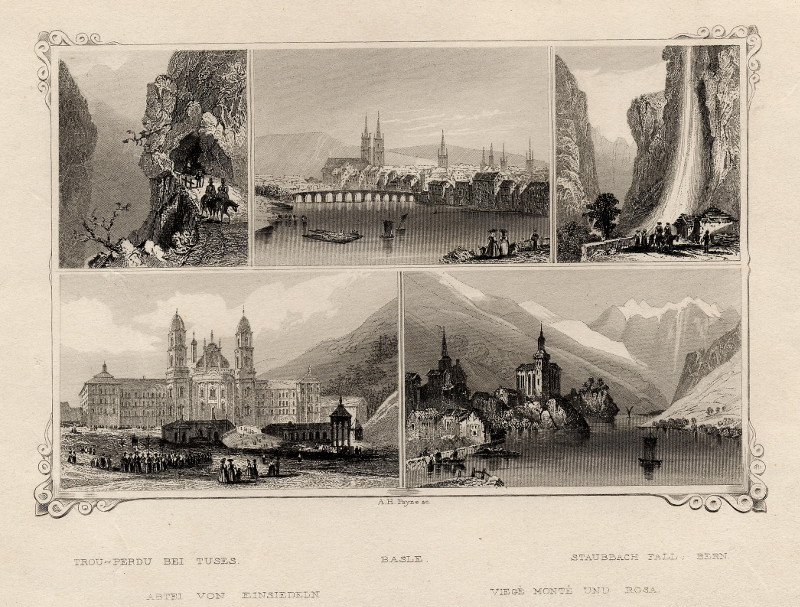 afbeelding van prent Trou-Perdu bei Tuses, Basle, Staubbach fall, Bern, Abtei von Einsiedeln, Viege Monté und Rosa van A.H. Payne (Thusis, Basel,Bern,Einsiedeln, Monte Rosa)