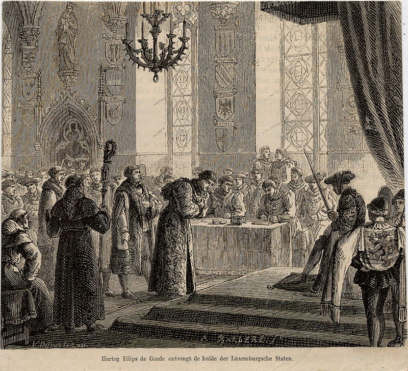 afbeelding van prent Hertog Filips de Goede ontvangt de hulde der Luxemburgsche Staten van V. DeDoncker, A. Barbere