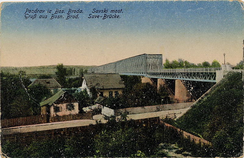 afbeelding van prent Pozdrav is Bos. Broda. Savski most. Gruss aus Bosn. Brod. Save-Brücke. van nn (Brod)