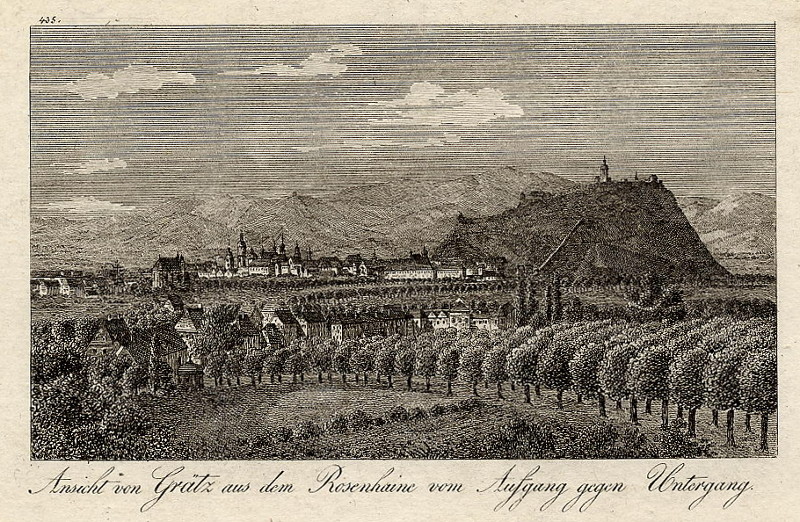 afbeelding van prent Ansicht von Grätz aus dem Rosenhaine vom Aufgang gegen Untergang van nn (Graz)