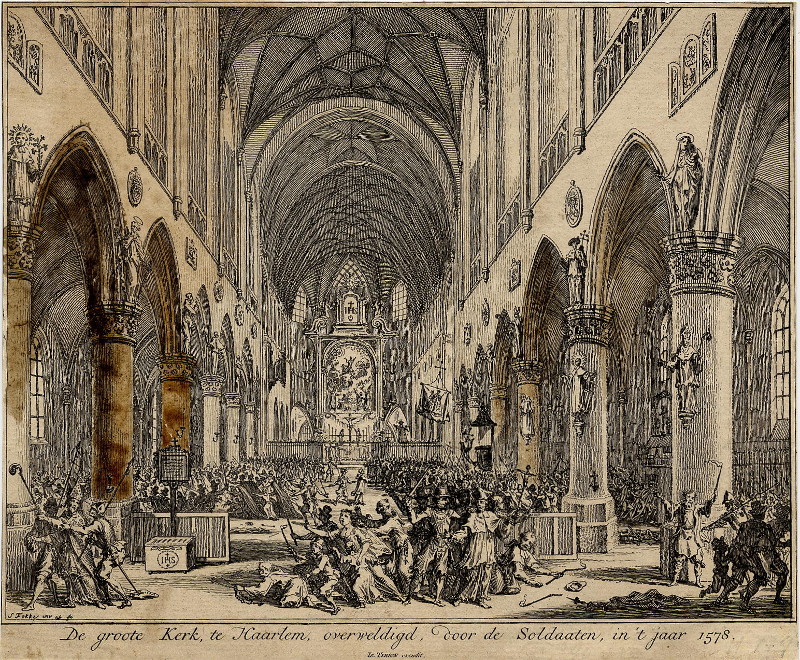 afbeelding van prent De groote Kerk, te Haarlem, overweldigd, door de Soldaaten, in ´t jaar 1578 van Isaac Tirion, Simon Fokke (Haarlem)