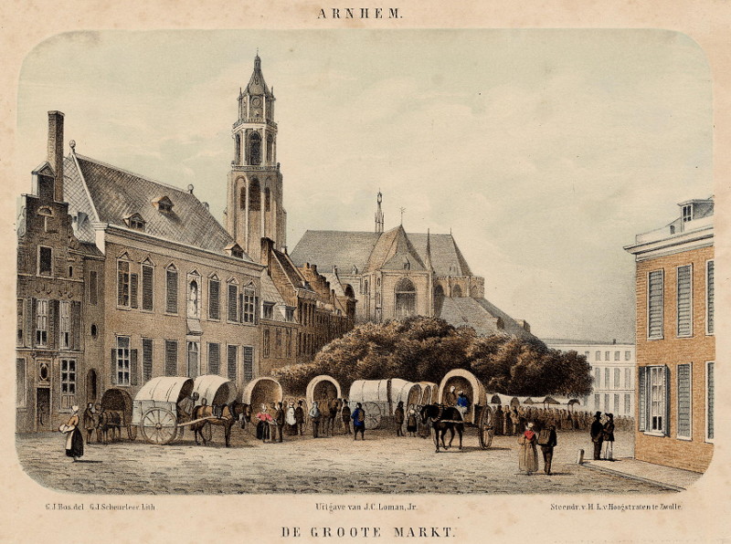 afbeelding van prent Arnhem. De Groote Markt. van G.J. Bos, G.J. Scheurleer (Arnhem)
