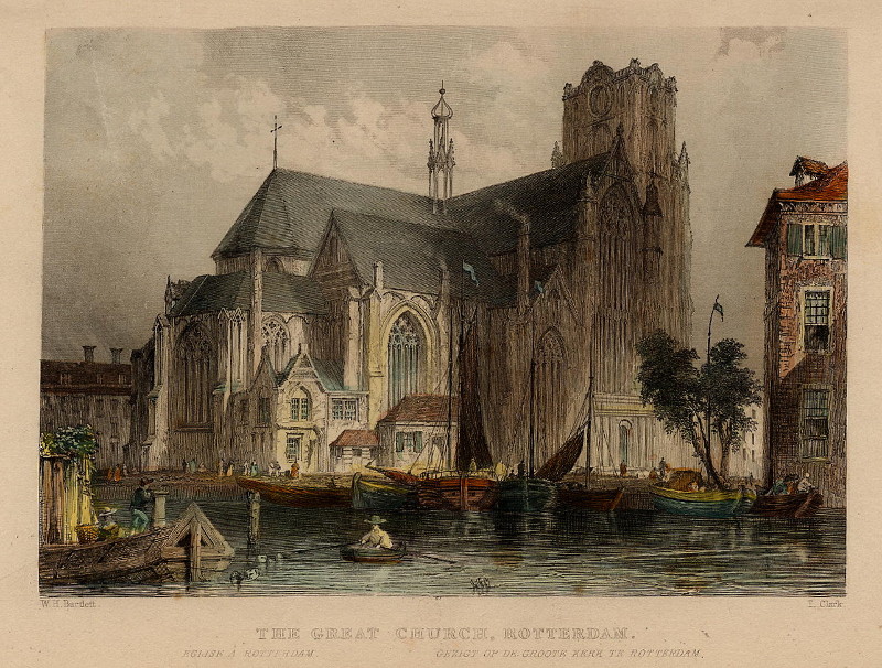 afbeelding van prent The Great Church, Rotterdam. Église à Rotterdam. Gezigt op de Groote Kerk te Rotterdam van W.H. Bartlett, T. Clark (Rotterdam)