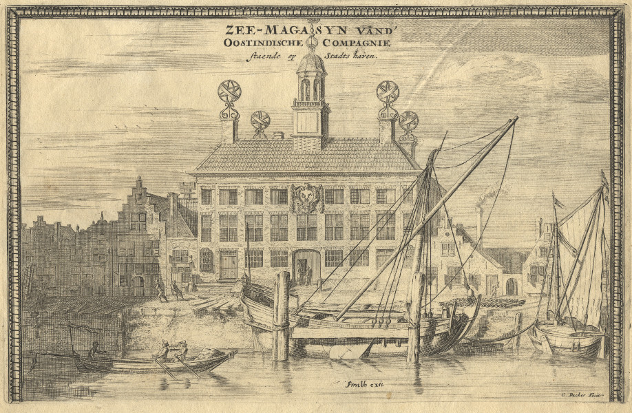 afbeelding van prent Zee-magasyn vand´ Oostindische Compagnie, staende op Stadtshaven van J. Verkoye, C. Decker (Rotterdam)