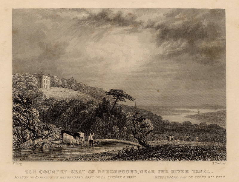 afbeelding van prent The country seat of Rhederoord, near the river Yssel, Rhederoord aan de steeg bij Velp van V. Bing, T. Barber (Rheden)