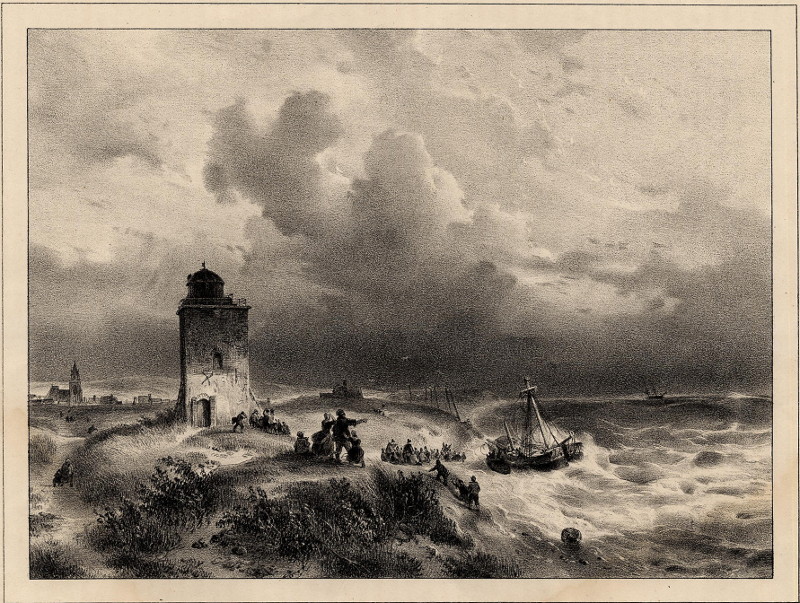 afbeelding van prent Naufrage de la Sophie, Sur la côte de Scheveningen van A. Schelfhout, Clerman (Scheveningen)