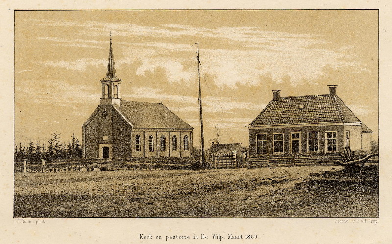 afbeelding van prent Kerk en pastorie in De Wilp, Maart 1869 van P.W.M. Trap, J.H. Duden (De Wilp)