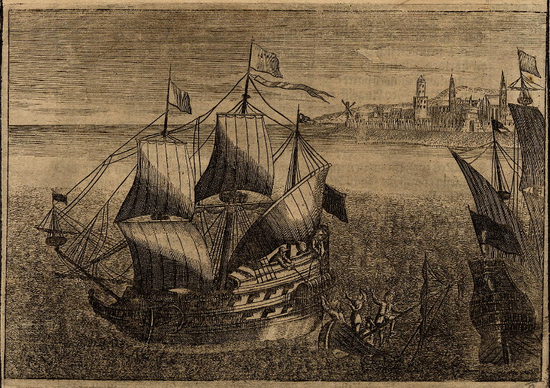 afbeelding van prent Galjoenen bij de kust van slot Kronborg van nn (Kopenhagen, Helsingor)