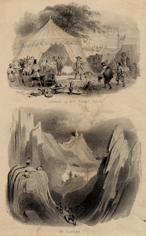 afbeelding van prent Gastmaal op het Eiland Amak. De Landing. van A.L.  (Amager)