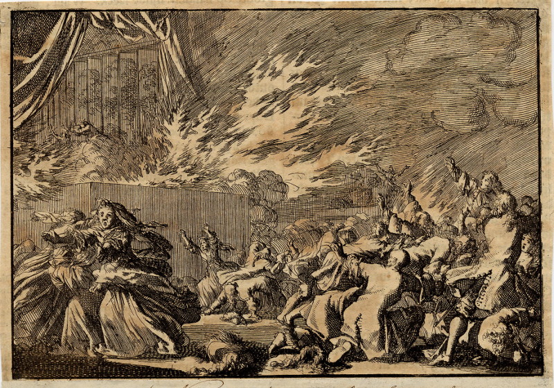 afbeelding van prent Brand van een houten loods waarin een toneelvoorstelling plaatsvindt naast het slot Amelienborg van Jan Luyken
