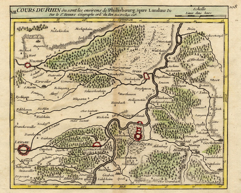 afbeelding van kaart Cours du Rhin ou sont les environs de Philsbourg, Spire Landaw &c van Robert