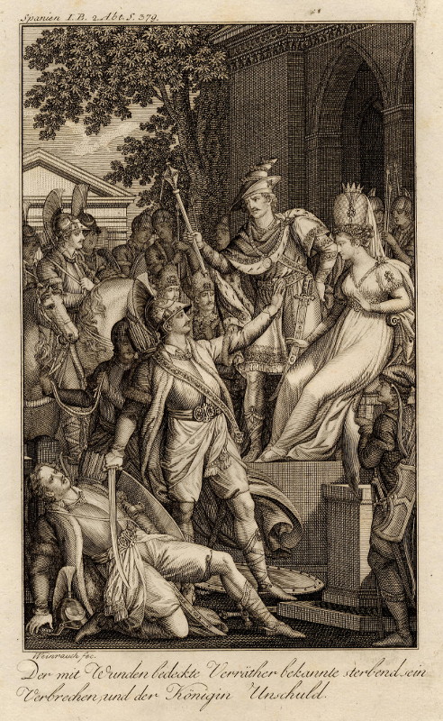 afbeelding van prent Der mit Wunden bedeckte Verräther bekannte sterbend sein Verbrechen, und der Königin Unschuld van Johann Caspar Weinrauch