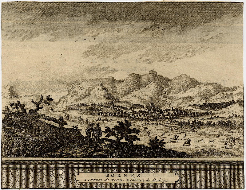 afbeelding van prent Bornes 1. Chemin de Xeres. 2 Chemin de Malaga van Pieter van der Aa (Bornos)