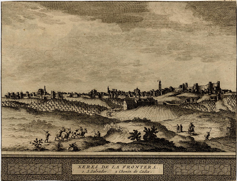 afbeelding van prent Xeres de la Frontera, 1. S. Salvador 2. Chemin de Cadix van Pieter van der Aa (Jerez de la Frontera)